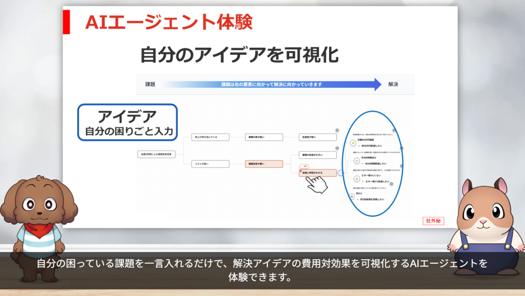 PIP-Makerで作成したワークショップ事前案内動画の画面（AIエージェント体験 自分のアイデアを可視化）